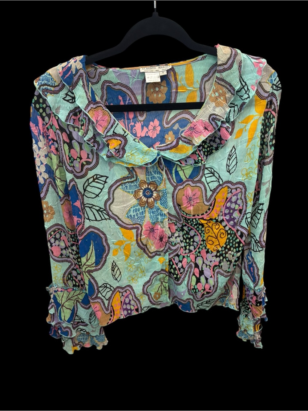 Alberto Makali Aqua Floral Ruffle Crinkle Blouse Colorful Small S